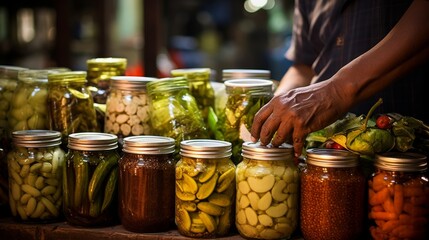 A person delicately picks up a jar of pickled vegetables in a rustic setting