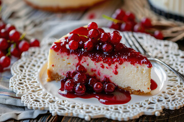 Slice of American Cheesecake with currants on plate