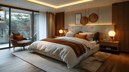 Modern interior design of a bedroom with a wooden floor and a white and brown color theme.  The wall behind has decorative panels and lights on top, creating a warm atmosphere.