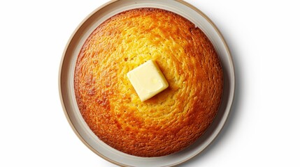 Premium look at cornbread from above, showcasing its moist crumb and sweet taste, ideally served with a pat of butter, clean isolated backdrop - obrazy, fototapety, plakaty
