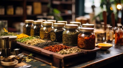 A table covered with an array of jars filled with various types of spices