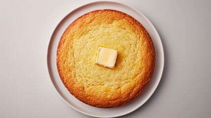 Premium look at cornbread from above, showcasing its moist crumb and sweet taste, ideally served with a pat of butter, clean isolated backdrop - obrazy, fototapety, plakaty
