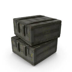 3D realistic army ammunition box isolated on white background, Army ammunition stack of green crates. Text in russian - type of ammunition, projectile caliber,