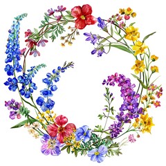 watercolor wild flowers wreath in bright colors, on pure white background