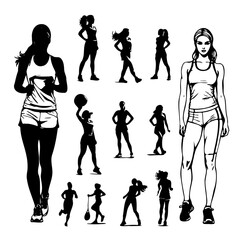 series of silhouettes of women in athletic gear, including a woman holding a tennis racket. Scene is energetic and active
