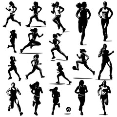 collection of silhouettes of women running. Scene is energetic and active. The concept of the image is to showcase the athleticism and determination of women runners