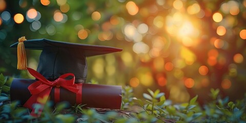 Graduation cap and diploma, blurred background. Generative AI.