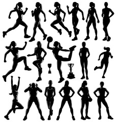 collection of silhouettes of women in various sports poses. Scene is energetic and active, with the women appearing to be in motion. The concept of the image is to showcase the athleticism