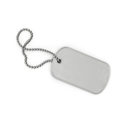 Fototapeta premium Realistic 3D Army locket or soldier badge army tag necklace isolated from stainless steel with identity details. Old dog tags on white background, Military dog tag necklace. Personal id pendant