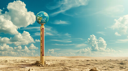 Tall Thermometer and Globe in Desert Landscape
 - obrazy, fototapety, plakaty