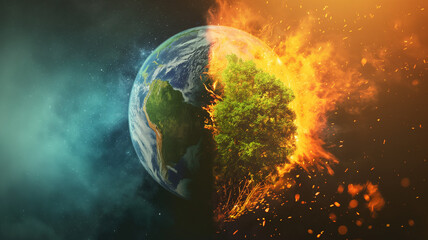Earth Engulfed in Flames with Green Side

