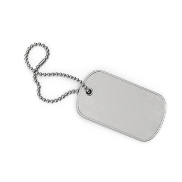 Realistic 3D Army locket or soldier badge army tag necklace isolated from stainless steel with identity details. Old dog tags on white background, Military dog tag necklace. Personal id pendant