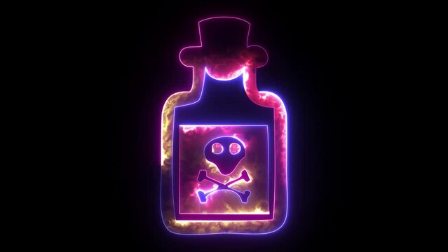 An animated neon danger poison sign, toxic sign skull icon. Warning skull symbol. Death attention, toxic poison illuminated element design