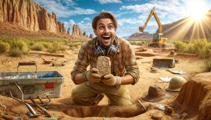  joyful archaeologist who works with awe and curiosity. professions concept - 794831984
