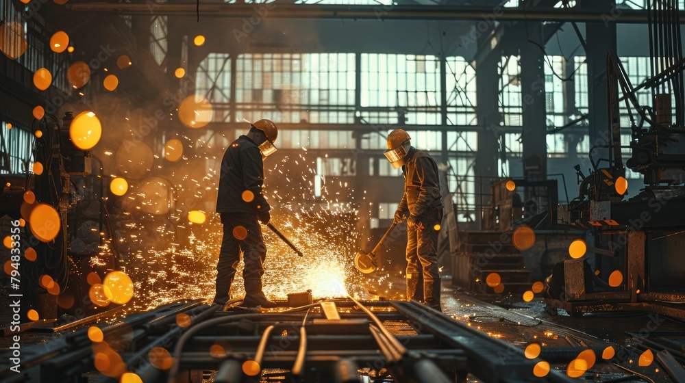 Aufkleber workers in a shed, doing heavy work with lots of steel, sparks and heavy tools. generative ai.