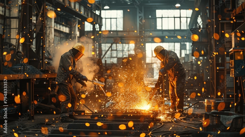 Aufkleber workers in a shed, doing heavy work with lots of steel, sparks and heavy tools. generative ai.