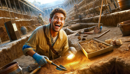  joyful archaeologist who works with awe and curiosity. professions concept - 794833324