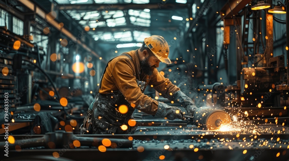 Aufkleber workers in a shed, doing heavy work with lots of steel, sparks and heavy tools. generative ai.