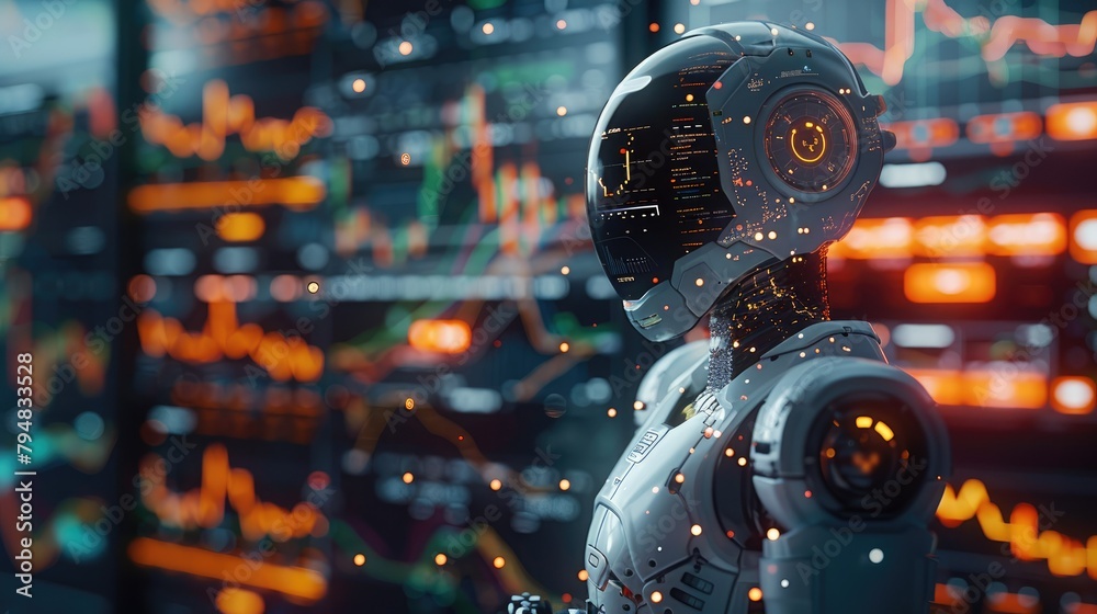 Poster Trading robot standing and analyzing a crypto trading chart, symbolizing the integration and use of artificial intelligence for stock market analysis. Generative AI.