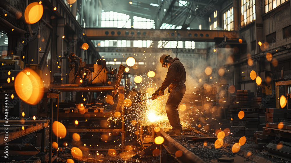 Aufkleber workers in a shed, doing heavy work with lots of steel, sparks and heavy tools. generative ai.