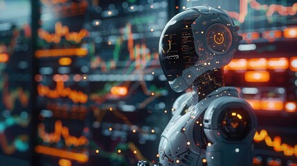 Trading robot standing and analyzing a crypto trading chart, symbolizing the integration and use of artificial intelligence for stock market analysis. Generative AI.