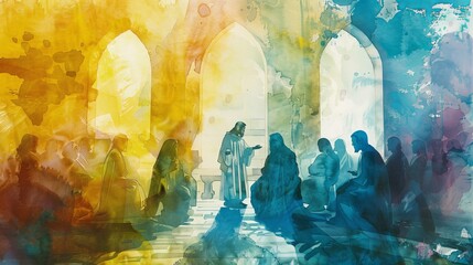 A reflective scene of Jesus teaching in the temple, using subtle shades and soft watercolor blends