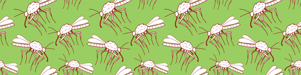 Vector seamless pattern of outline mosquitos, moths, beetles in doodle flat style. Bright texture with insects, bloodsuckers, pests