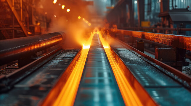 Steel plant tower furnace, There is a roll of steel bar on the conveyor belt. Generative AI.