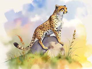 Watercolor painting of a cheetah sitting alertly on a rock in the savannah on a white background.