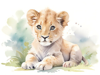 Watercolor painting of a curious lion cub playfully rolling around in tall grass on a white background. © unairakstudio