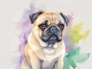 Watercolor painting of a pug dog with a curious expression. The pug's face is wrinkled. and large brown eyes on a white background