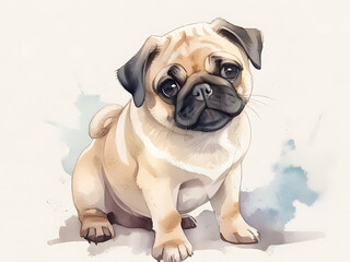 Watercolor painting of a playful pug puppy The puppy's tilted head and light brown color. creates a charming picture on a white background