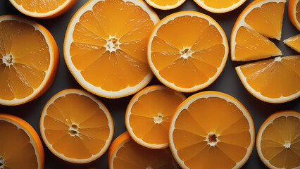 Orange slices on a gray surface. Top view, food and drinks