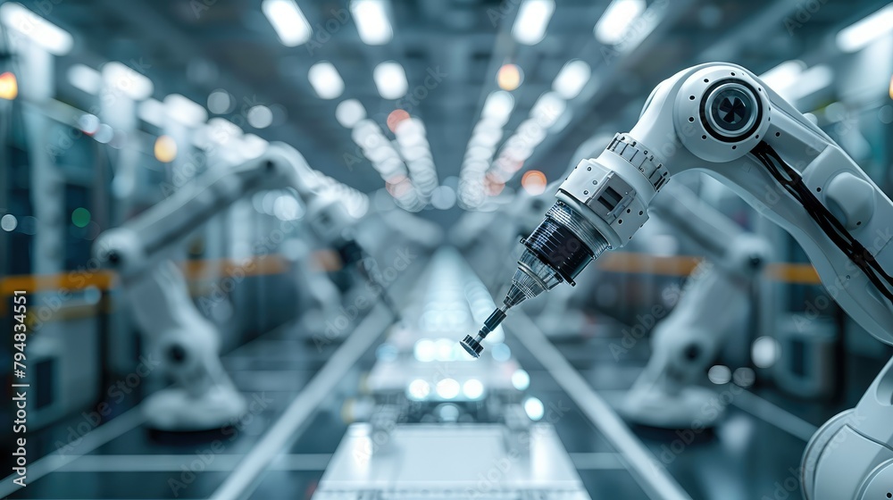 Poster Robotic arms assembling and moving around small shiny objects for aerospace manufacturing processes. Futuristic factory shop floor in lights. Metal, carbon, glass, LED. Smart robots. Generative AI.