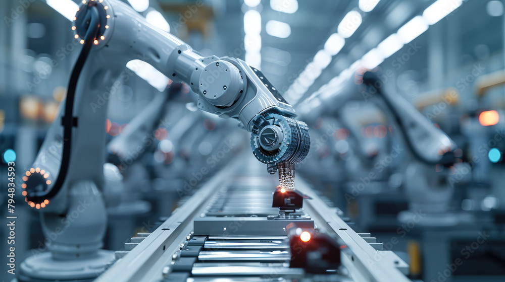 Aufkleber Robotic arms assembling and moving around small shiny objects for aerospace manufacturing processes. Futuristic factory shop floor in lights. Metal, carbon, glass, LED. Smart robots. Generative AI.