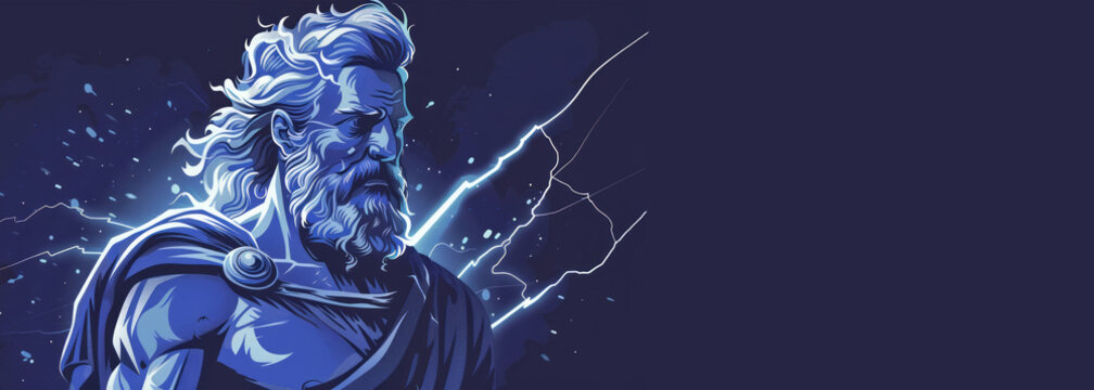 Zeus banner with Copy space. the sky and thunder god in ancient Greek religion and mythology, who rules as king of the gods on Mount Olympus.