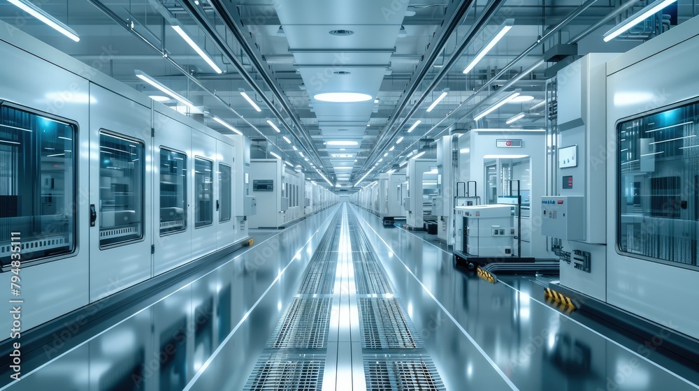 Poster Production line, is testing a semiconductor circuit version, spatial sense. Generative AI.