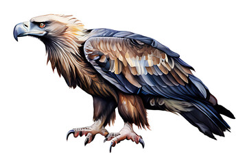 Obraz premium Watercolor painting of an eagle standing on a rock and its sharp beak, powerful claws gripping rocks on a white background.