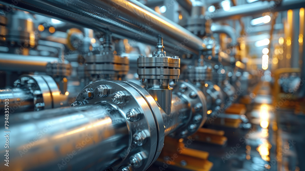 Fototapete Industrial Valves and Pipelines in a Factory Setting. Generative AI.
