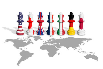 Chess made from USA, Canada, UK, France, Italy, Germany and Japan flags on a world map. Flags of the group of seven or G7
