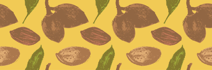 Vector almond pattern seamless with hand-drawn illustrations of almond nuts for web banner, oil packaging or marzipan paste label design. Floral sketches background, almond ornament. Organic nuts.