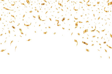 Gold confetti falling background for birthday, anniversary designs. Bright shiny gold confetti for party