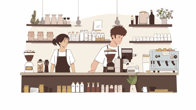 Two baristas standing behind the counter preparing 