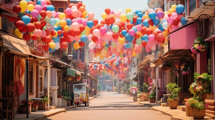 A vibrant street filled with countless colorful balloons hovering in the air, creating a magical and joyful atmosphere - obrazy, fototapety, plakaty