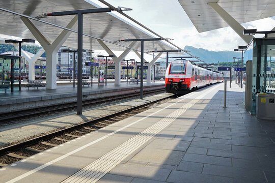 Railjet high speed train arrives at Salzburg main train station, SALZBURG, AUSTRIA - May 23, 2018.