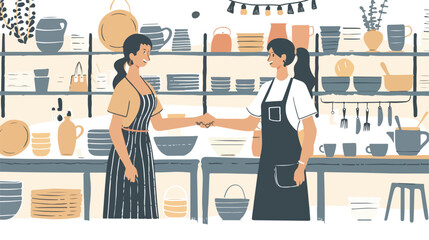 Two female ceramists shaking hands in a ceramic shop