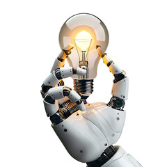 Ai robot hand holding lightbulb on isolated transparent background