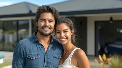 Two home happy and relaxed home owners standing in front of their new home, their home is in the background. Generative AI.