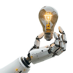 Ai robot hand holding lightbulb on isolated transparent background