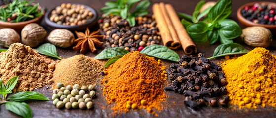 Colorful Assortment of Spices and Ingredients for Flavorful Cooking, Cuisine Concept